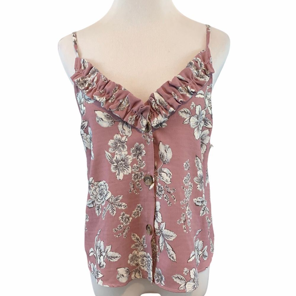 Boho mauve floral ruffle button down tank S